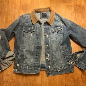Joe’s kids distressed denim jacket, size 10-12, with faux leather collar